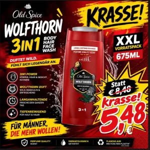 Old Spice Wolfthorn 3in1 Duschgel XXL – 675 ml | Körper, Haar & Gesicht | Wild Citrus Duft