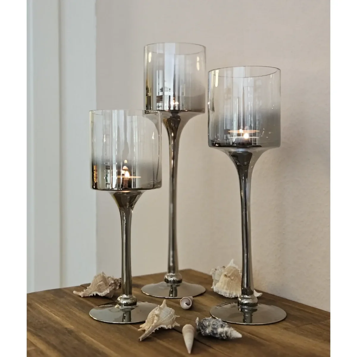 Kerzenleuchter aus Glas 3er Set Kerzenglas Windlicht Weihnachten silber Stumpenkerzen – Bild 3