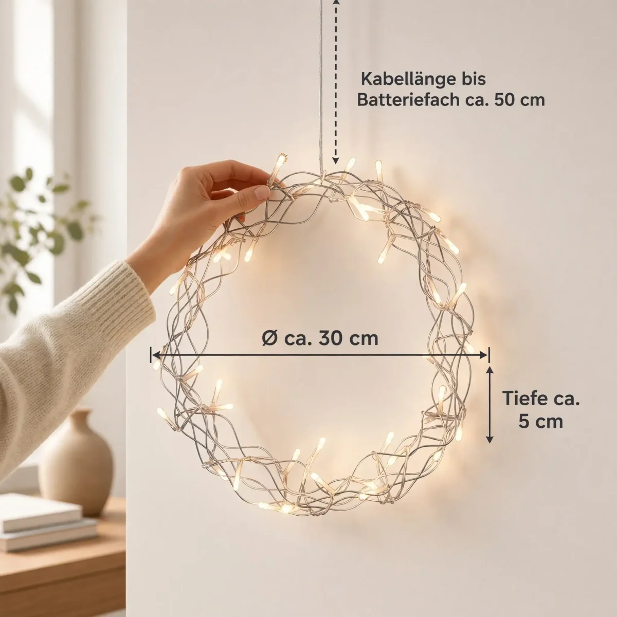 LED Weihnachtskranz 30 cm mit 40 LEDs & Timer – warmweiß, batteriebetrieben – Bild 6