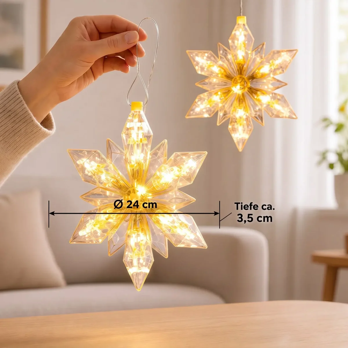 LED Weihnachtsstern 2er Set – 24 cm – warmweiß mit 6-Stunden-Timer, batteriebetrieben – Bild 4