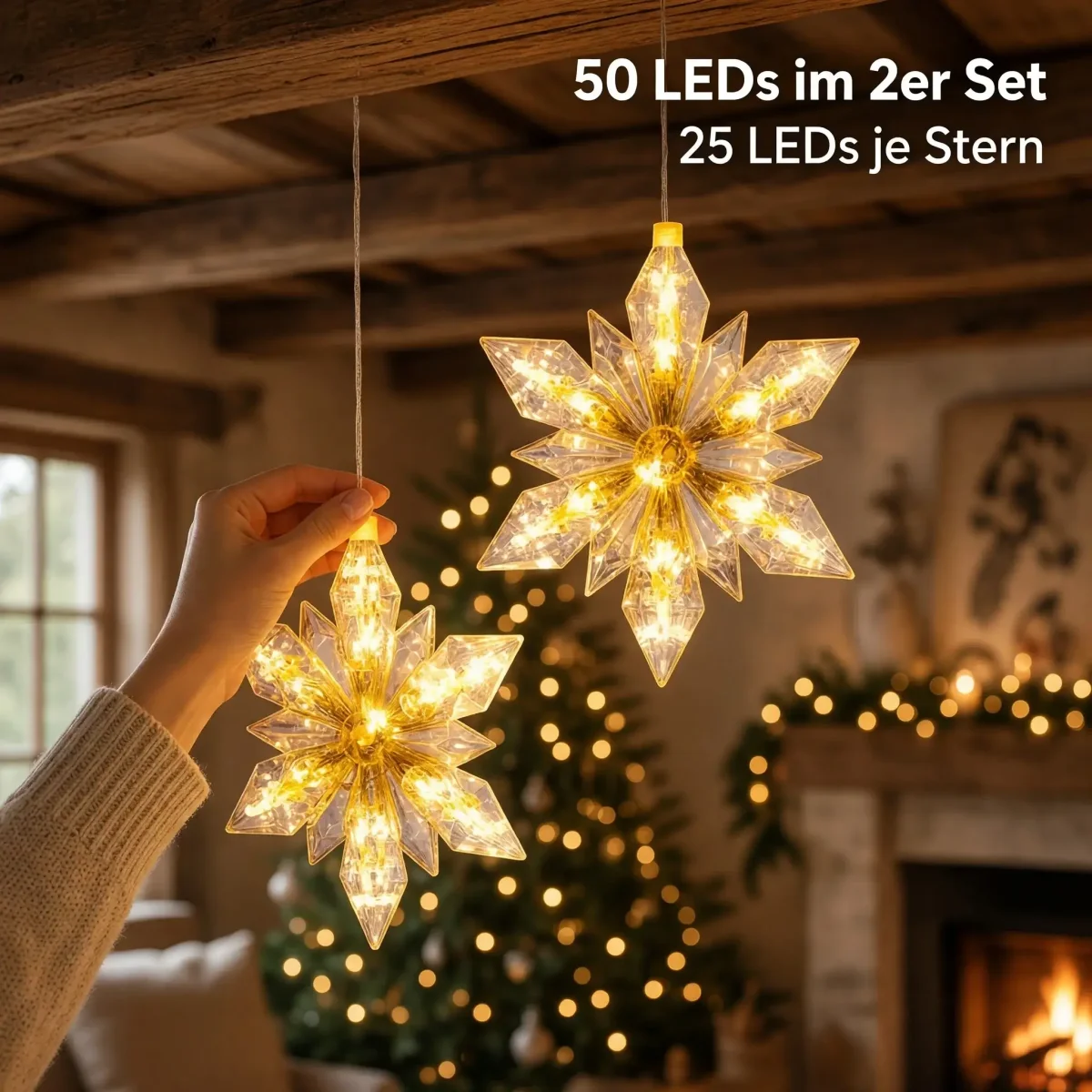 LED Weihnachtsstern 2er Set – 24 cm – warmweiß mit 6-Stunden-Timer, batteriebetrieben – Bild 3