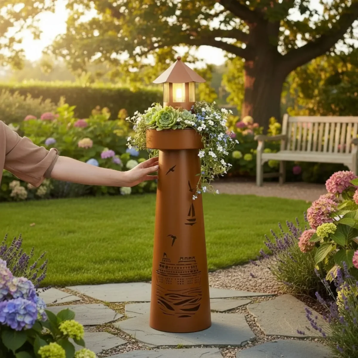 Leuchtturm LED Rostoptik Pflanzturm Pflanzschale Maritim Gartenbeleuchtung 80x20 cm – Bild 8
