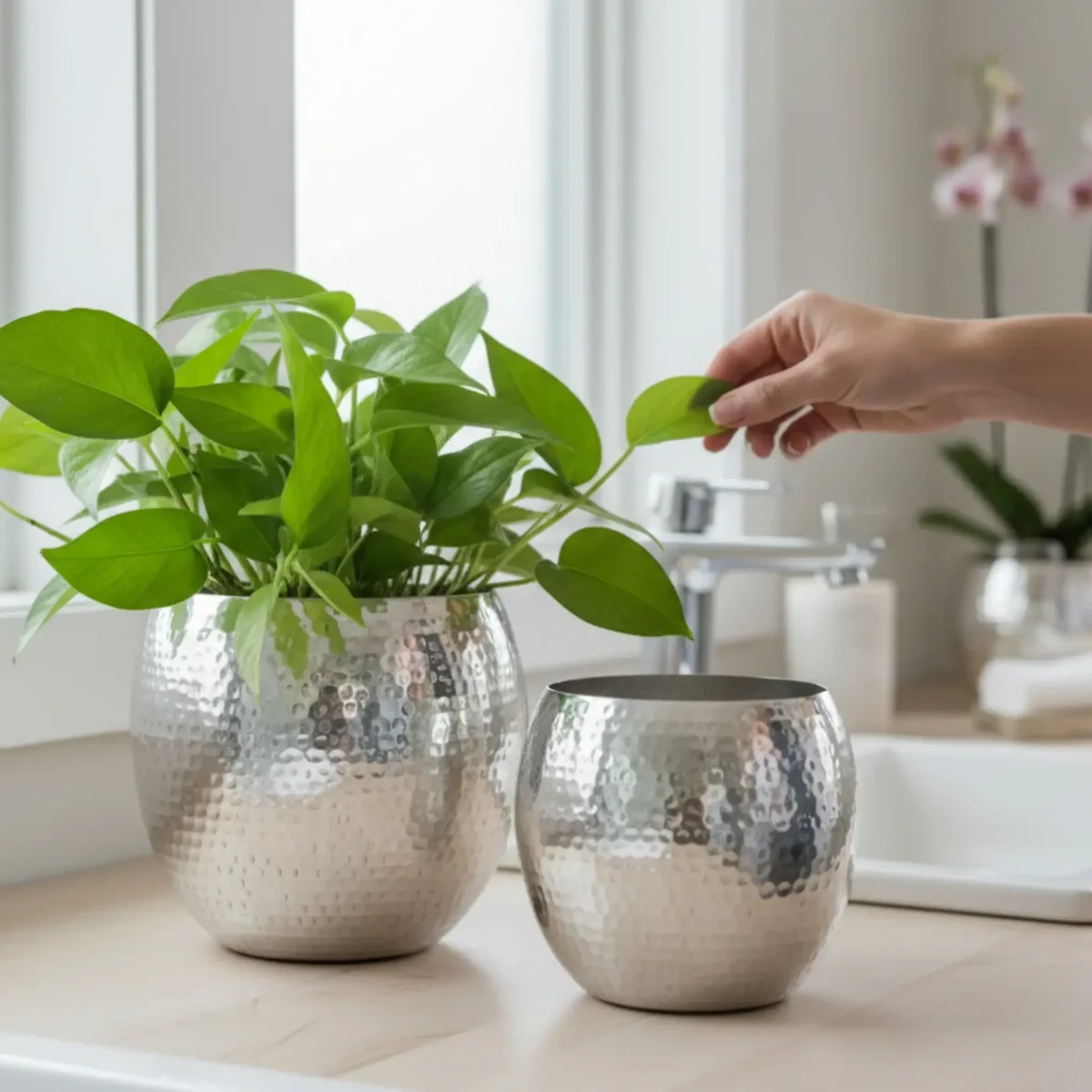 Übertopf Blumentopf Silber Pflanztopf Deko 2er Set glänzend rund Hammerschlag – Bild 8